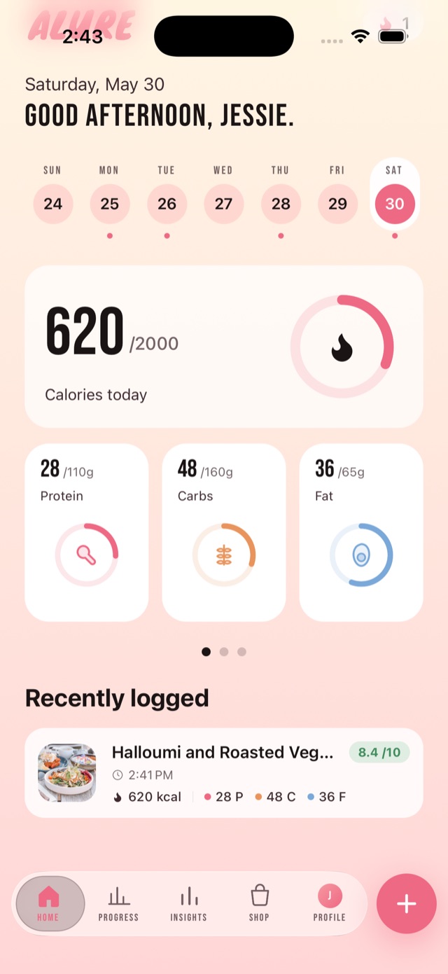 Alure home screen showing a logged meal scored 8.4 out of 10