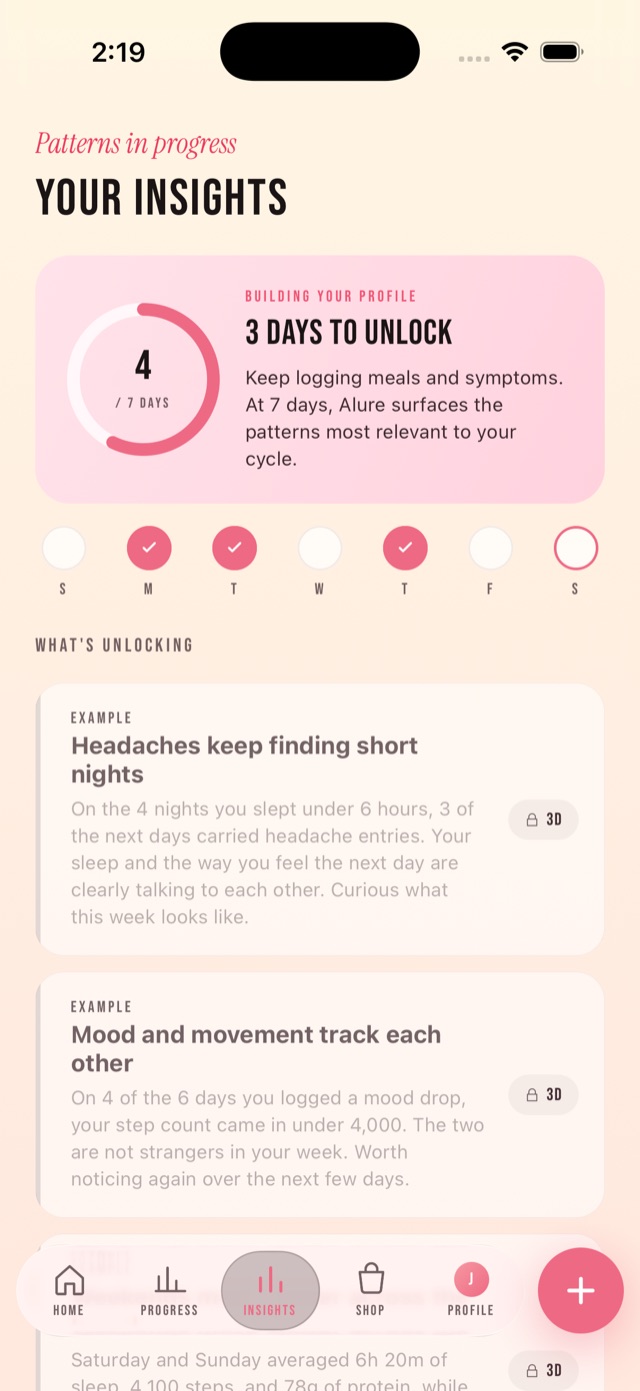 Alure insights screen surfacing weekly patterns from your own data