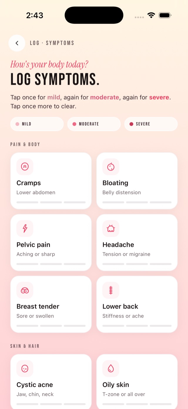 Alure symptom journal with cramps, bloating, and more to tap